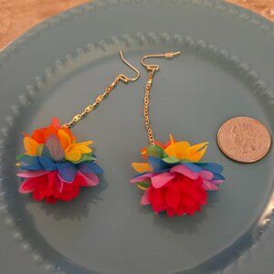 Unique handmade fabric flower tassel dangle sleeper earrings